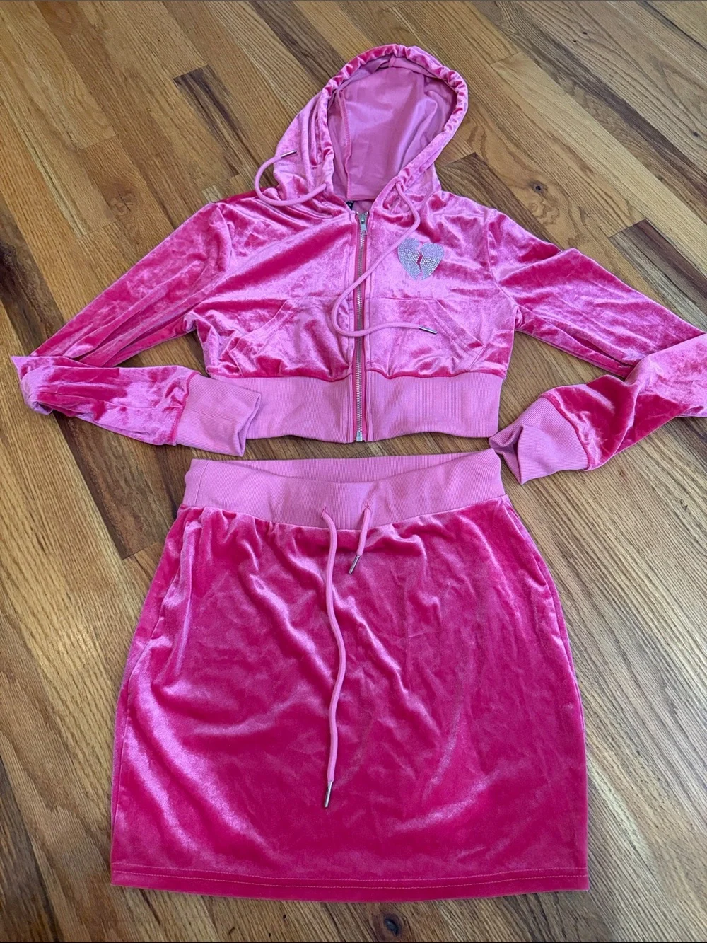 Pink Velour Cropped Hoodie & Skirt Set - Women